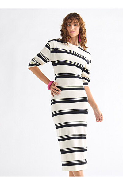 FAV Striped Bodycon Dress with Round Neck and 3/4 Sleeves