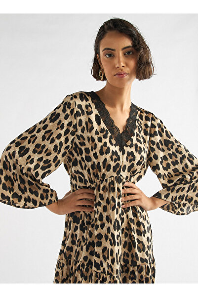 FAV All-Over Animal Print Tiered Midi Dress with Lace Detail and 3/4 Sleeves