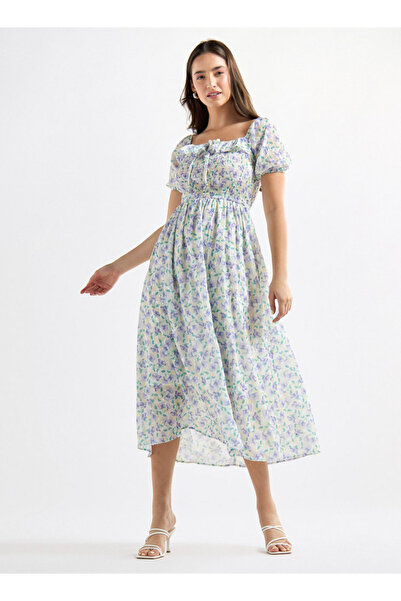 FAV All-Over Floral Print A-line Dress with Ruffles and Shirred Detail