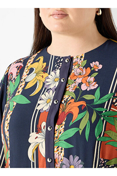 Ulla Popken Plus Size All-Over Floral Print Midi Dress with Long Sleeves