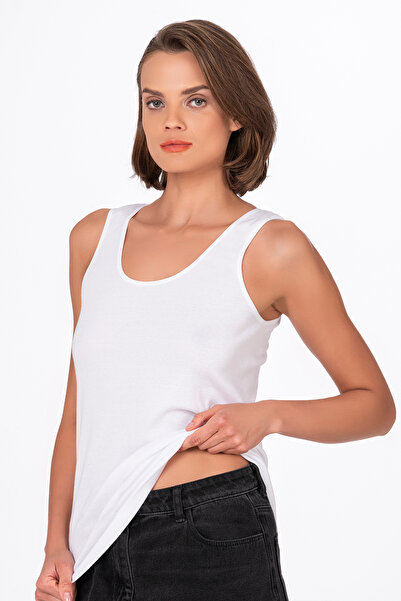 Kompedan Kadın Pamuklu Ribana Kalın Askılı Atlet 3'lü Paket | Beyaz K0111