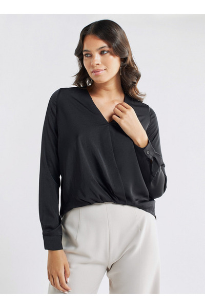 FAV بلوزة بفتحة رقبة على شكل حرف V وأكمام طويلة وحاشية عالية ومنخفضة