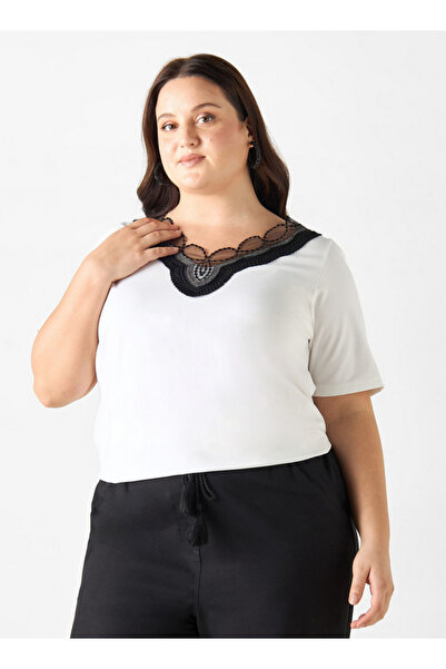 Ulla Popken Plus Size Lace Detail V-neck T-shirt with Short Sleeves