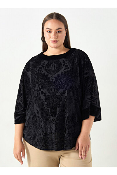 Ulla Popken Plus Size Ulla Popken All-Over Floral Print Textured Top with 3/4...