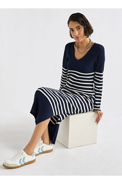 FAV Striped V-neck Dress with Long Sleeves