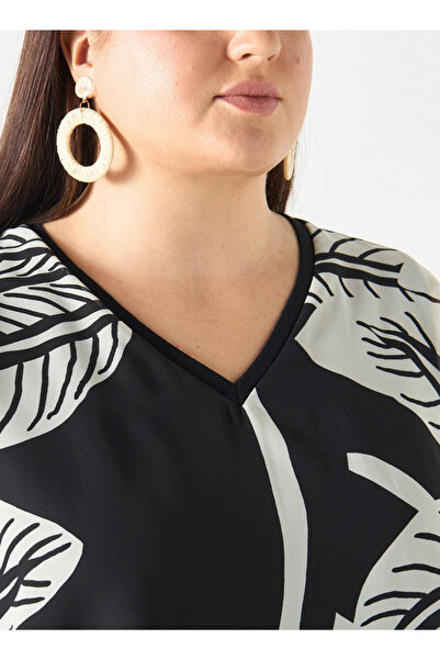 Ulla Popken Plus Size Ulla Popken All-Over Print V-neck Top with Short Sleeves