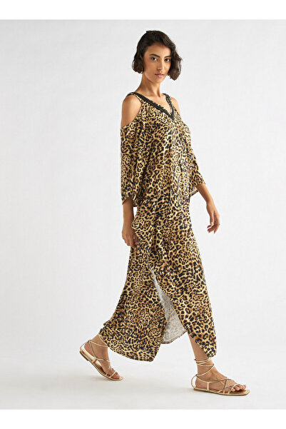 FAV Animal Print V-neck Maxi Dress with Cold Shoulder Sleeves