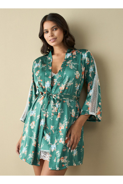 FAV رداء بطبعة زهور كاملة مع حزام ربط وفستان منزلق