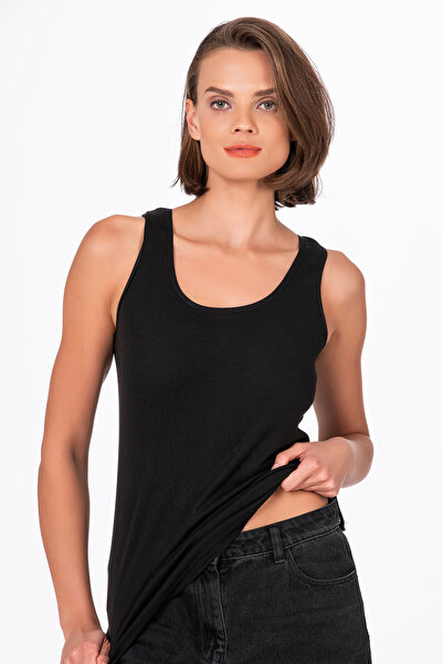 Kompedan Kadın %100 Pamuklu Ribana Esnek Rahat Biyeli Kalın Askılı Örme Atlet | Siyah K0111