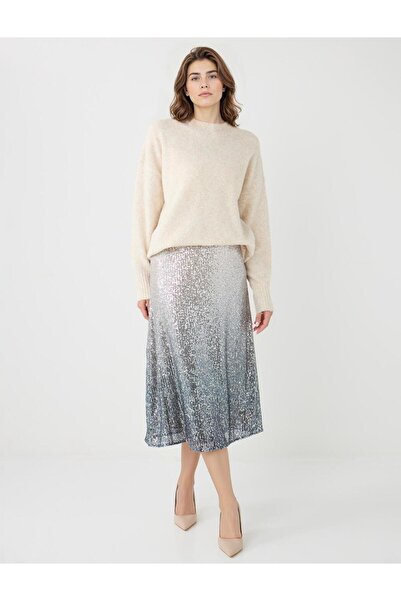 Jimmy Key Grı Düz Kesim Normal Bel Payetli Midi Etek