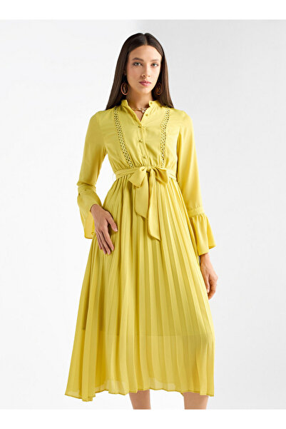 FAV Pleated Mandarin Collar Dress With Bell Sleeves And Tie-up Belt