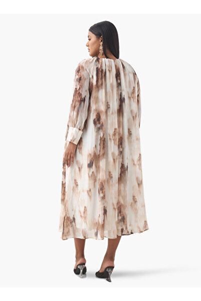 Ulla Popken Plus Size Ulla Popken Printed Dress with Round Neck and Long Slit Sleeves