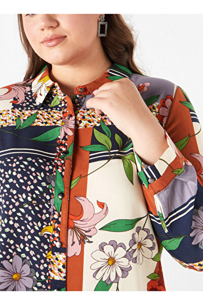 Ulla Popken Plus Size Ulla Popken All-Over Print Shirt with Collar and Long Sleeves