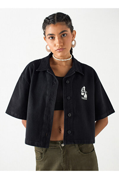 Lee Cooper Printed Crop Denim Shirt with Short Sleeves