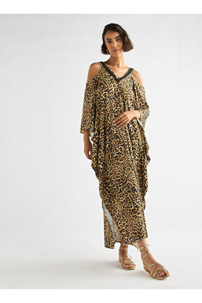 FAV Animal Print V-neck Maxi Dress with Cold Shoulder Sleeves