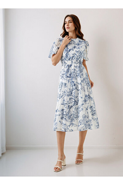 FAV Tiered Midi Viscose Dress with Flutter Sleeves