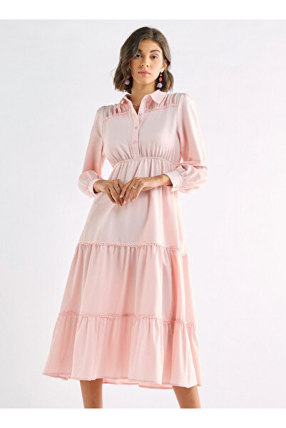FAV Solid Tiered Midi Dress with Puff Sleeves and Collar
