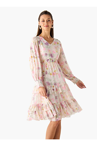 FAV Floral Print V-Neck Dress with Ruffle Detail