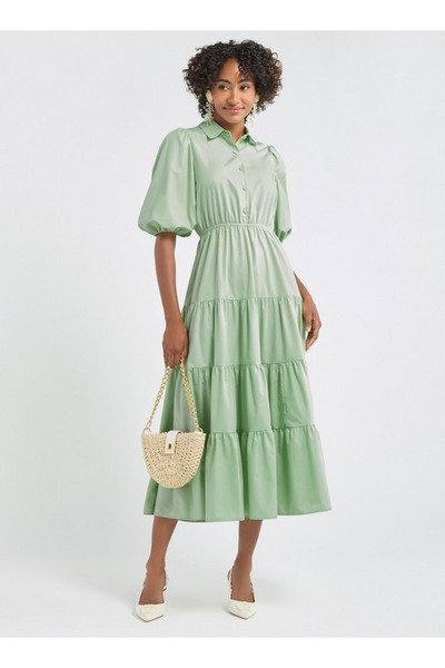 FAV Plain Tiered Shirt Dress with Puff Sleeves