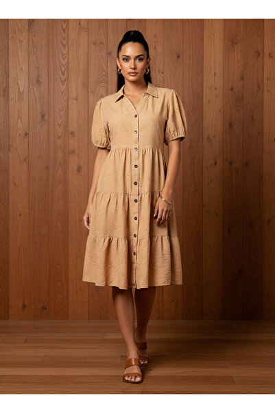 FAV Schiffli Textured Tiered Women Dress with Collar