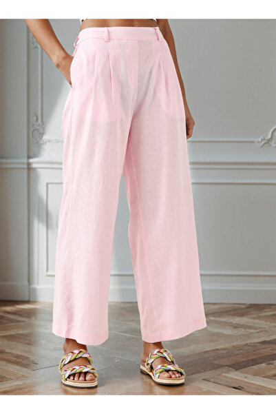 FAV بنطلون واسع الساق من مزيج الكتان المطوي