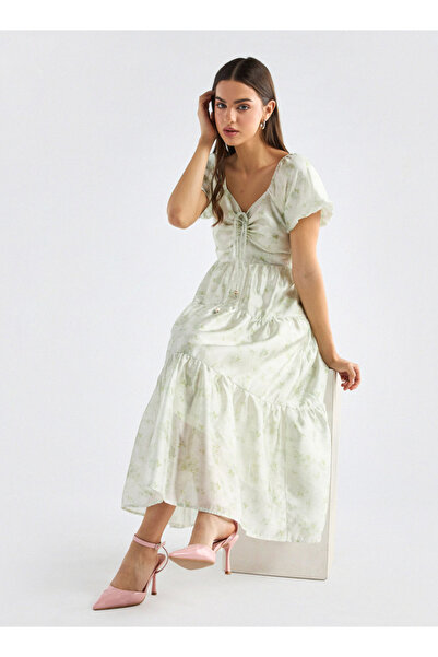 FAV Floral Print Tiered Dress with Sweetheart Neck and Short Sleeves