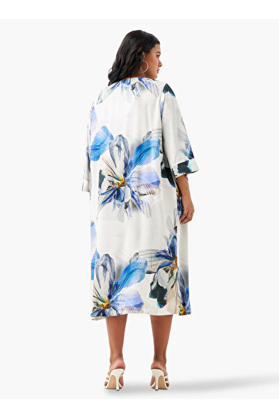 Ulla Popken Plus Size Ulla Popken Floral Print V-Neck Dress with 3/4 Sleeves