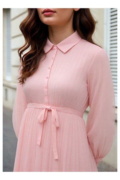 FAV Pleated Midi Dress with Collar and Tie-Up Belt