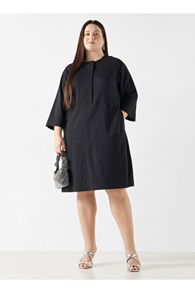 Ulla Popken Plus Size Textured Dress With Pockets And 3/4 Sleeves