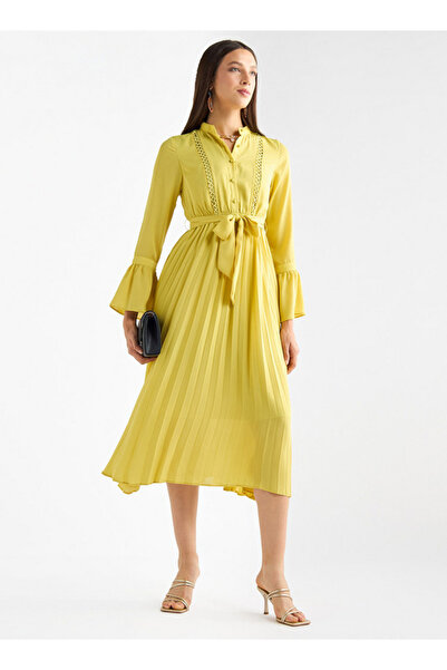 FAV Pleated Mandarin Collar Dress With Bell Sleeves And Tie-up Belt
