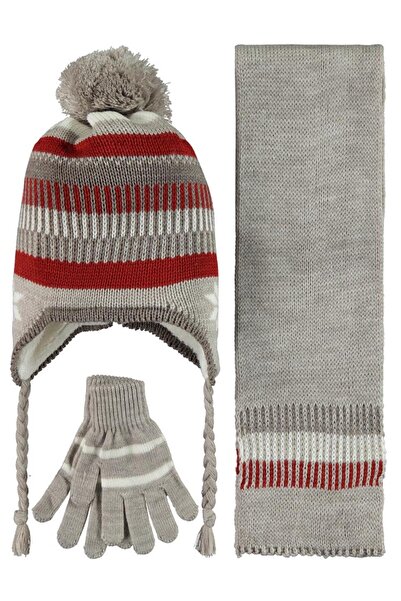 Civil Boys Garson Snow Pattern 10-13 Years Old Scarf Beanie Gloves Set - Oran...