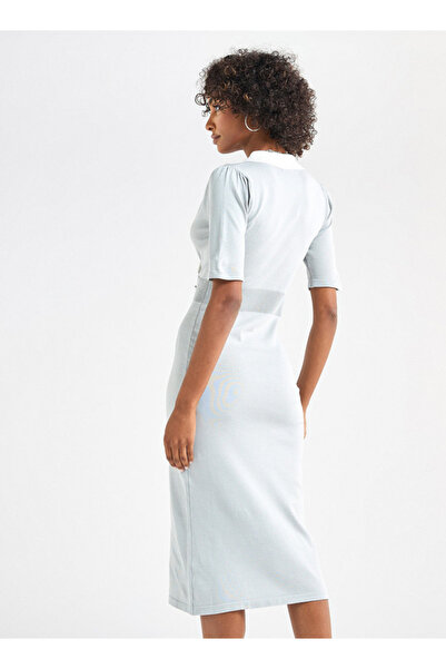 FAV Solid Lapel Dress with Short Sleeves and Button Detail