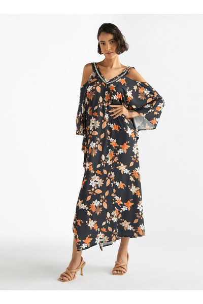 FAV Floral Print V-neck Maxi Dress with Cold Shoulder Sleeves