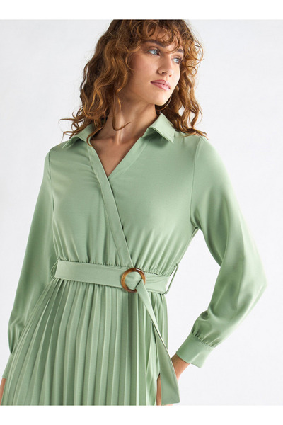 FAV Pleated Shirt Dress With Belt And Long Sleeves