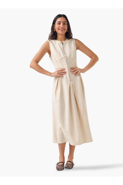 Lee Cooper Sleeveless Denim Dress with Zip Closure and Round Neck