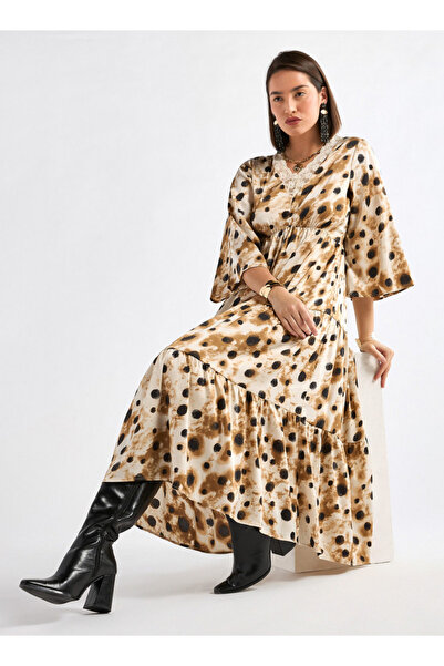 FAV Printed Midi Dress with Lace Detail and 3/4 Sleeves