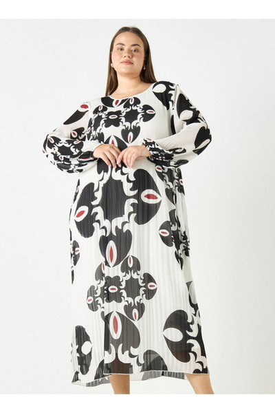Ulla Popken Plus Size All-over Print Dress With Long Sleeves