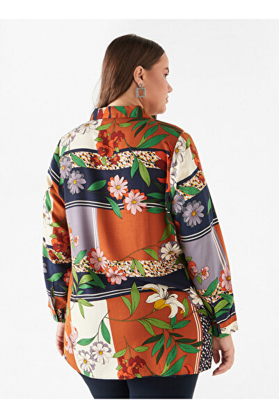 Ulla Popken Plus Size Ulla Popken All-Over Print Shirt with Collar and Long Sleeves