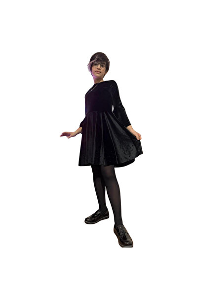 woorage cuties Kız Çocuk Siyah Kadife Elbise – İnci ve Boncuk Detaylı, Volan Kollu Şık Model