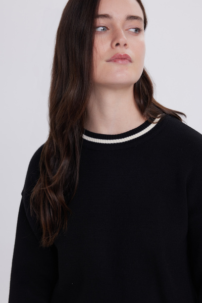 Tudors Kadın Oversize Geniş Kesim Bisiklet Yaka Çizgili Siyah Kazak