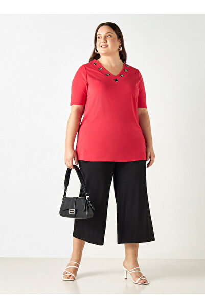 Ulla Popken Plus Size Ulla Popken Metal Accent V-neck Top with Short Sleeves