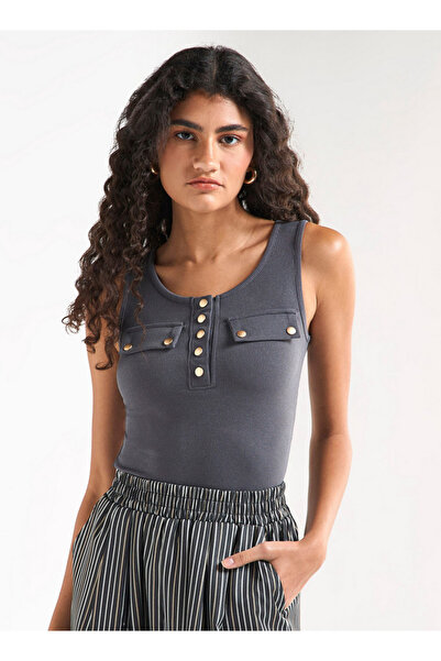 FAV Ribbed Tank Top with Round Neck and Flap Detail