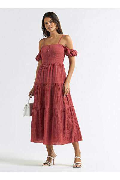 FAV Textured Midi A-line Dress with Cold Shoulder