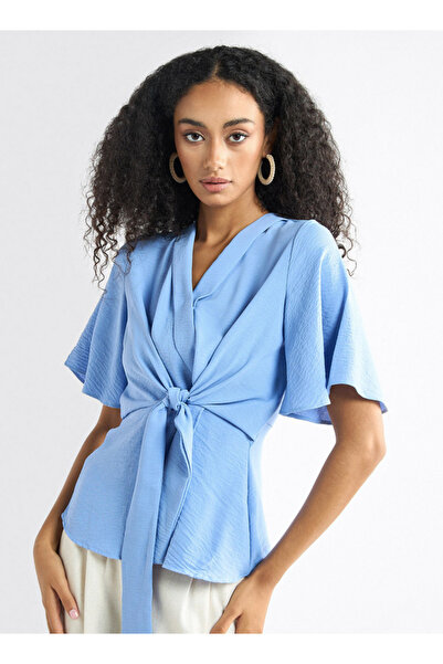 FAV V-neck Top with Flutter Sleeves and Knot Detail