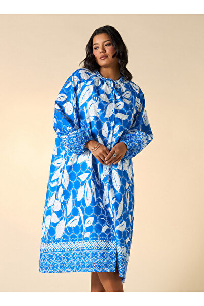 Ulla Popken Plus Size Ulla Popken All-Over Print Dress with Volume Sleeves