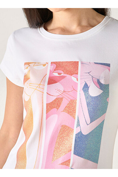 SP Characters Pink Panther Print T-shirt with Crew Neck and Short Sleeves