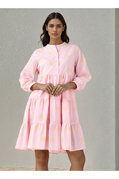 FAV فستان نسائي مطرز متعدد الطبقات مع ياقة ماندرين من القطن