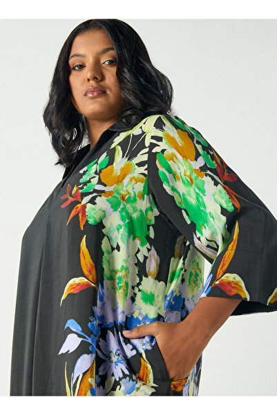 Ulla Popken Plus Size Floral Print Midi Dress With Collar And 3/4 Sleeves