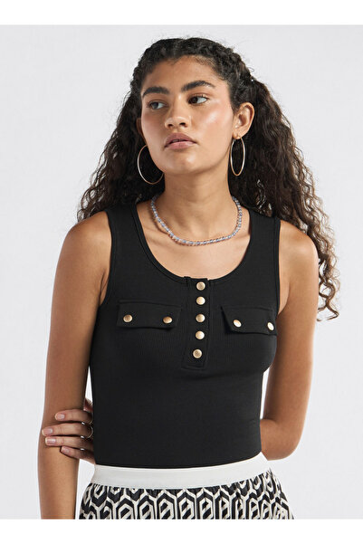 FAV Ribbed Tank Top with Round Neck and Flap Detail