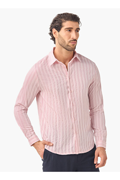 Iconic قميص مخطط بياقة وقصّة عادية وأكمام طويلة